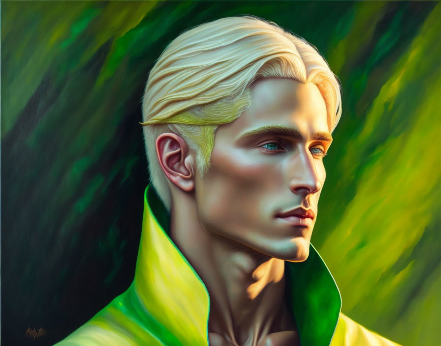 Blond-Haired Man with Sharp Features on Green Background