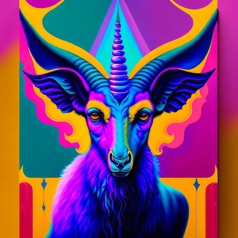 Colorful Stylized Goat with Unicorn Horn on Psychedelic Background