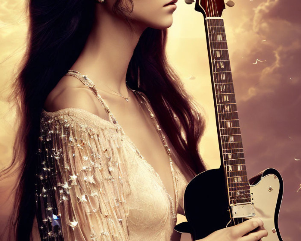 Long-haired woman with electric guitar on golden background.