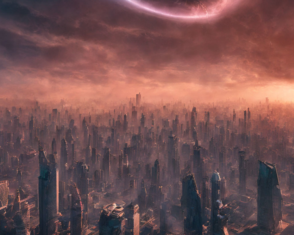 Dystopian cityscape with towering buildings and eerie celestial anomaly