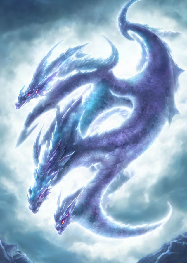 Luminous purple three-headed dragon in cloudy sky