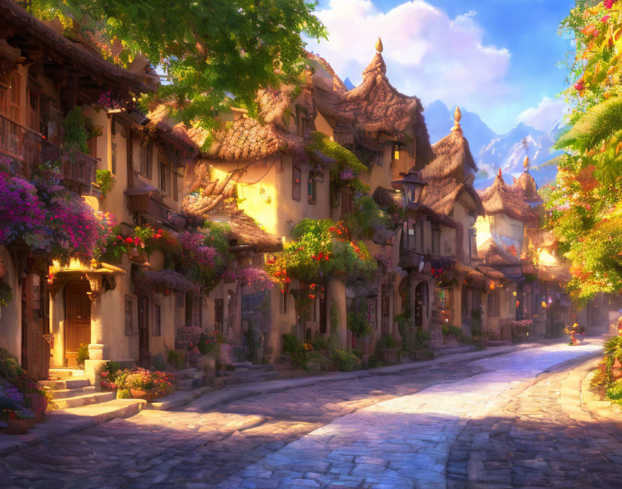 Sunlit village street with cobblestones and traditional houses adorned with flowers