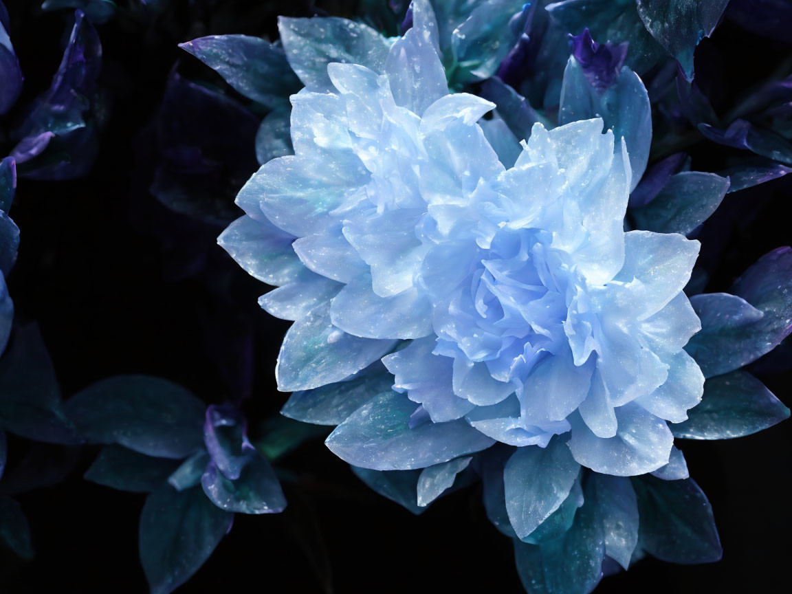 Pale Blue Flower with Intricate Petals on Dark Blue Foliage