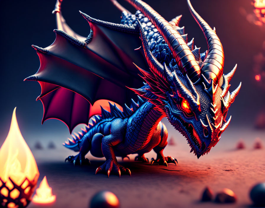 Detailed Dragon with Blue and Red Scales and Glowing Eyes Near Fiery Orb