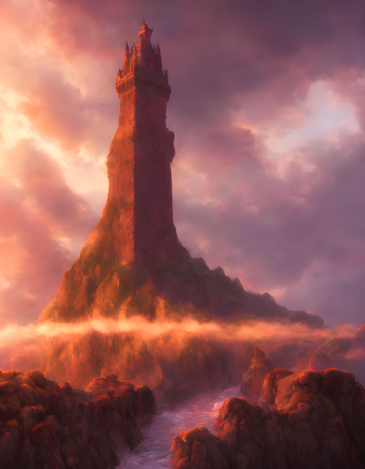 Tower on Craggy Peak under Pink Sunset Sky
