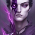 Man with Purple Eyes and Mystical Aura Holding Feathered Ornament