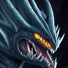 Blue Dragon with Glowing Eyes and Sharp Teeth on Dark Background