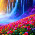 Colorful Flowers in Foreground with Ethereal Waterfalls and Lush Trees