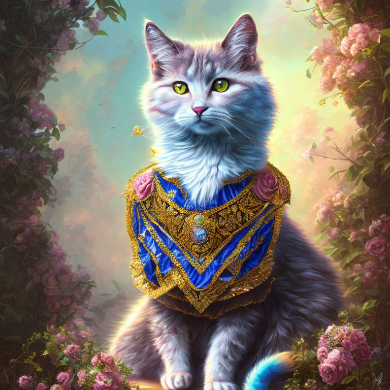 Majestic cat with green eyes in royal blue and gold outfit amid rose garden