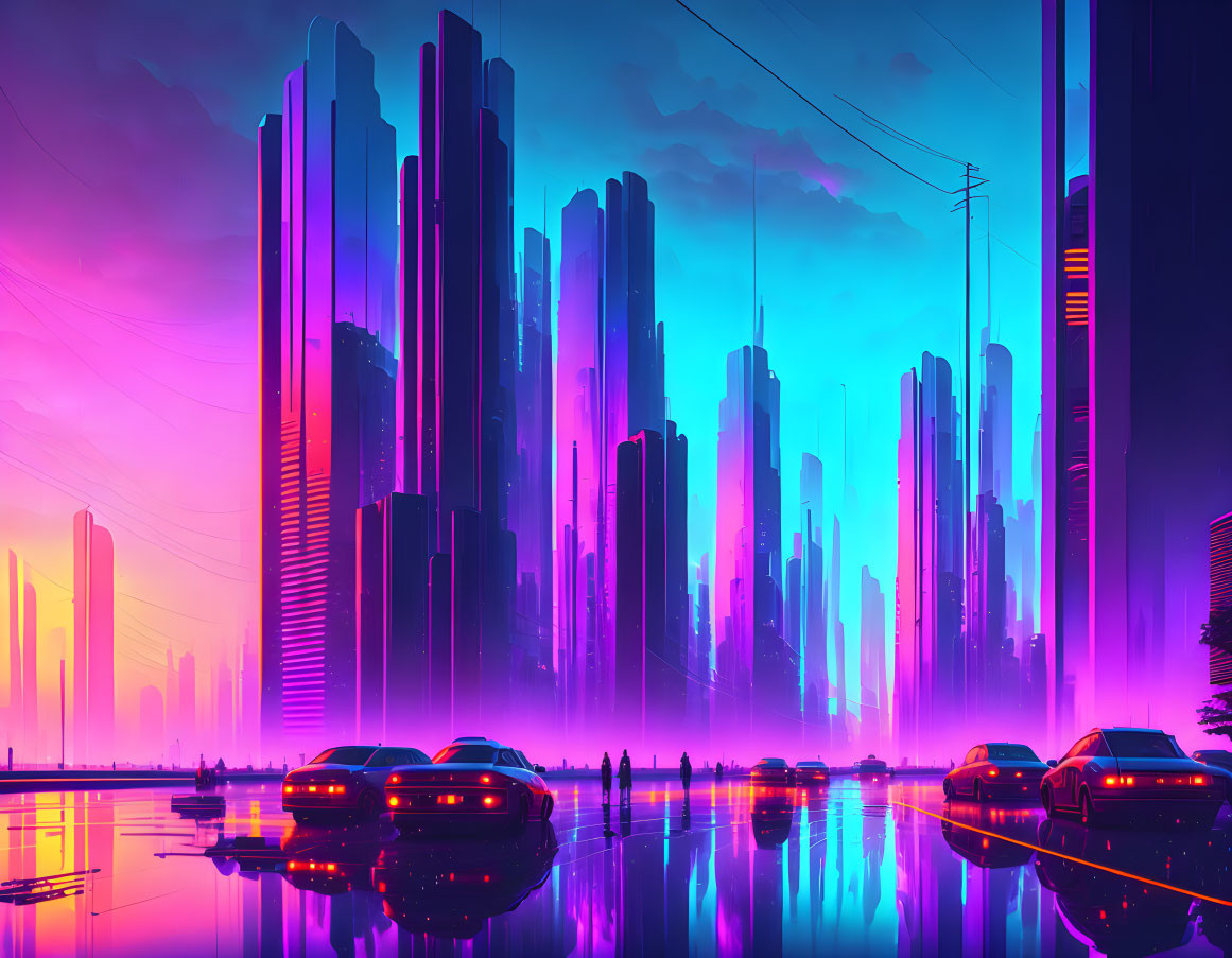 Futuristic cityscape at dusk with neon-lit skyscrapers and silhouetted figures