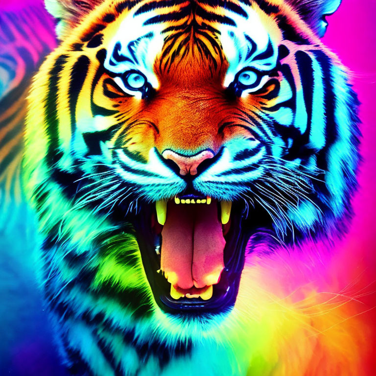 Colorful Neon Tiger Snarling with Mouth Open