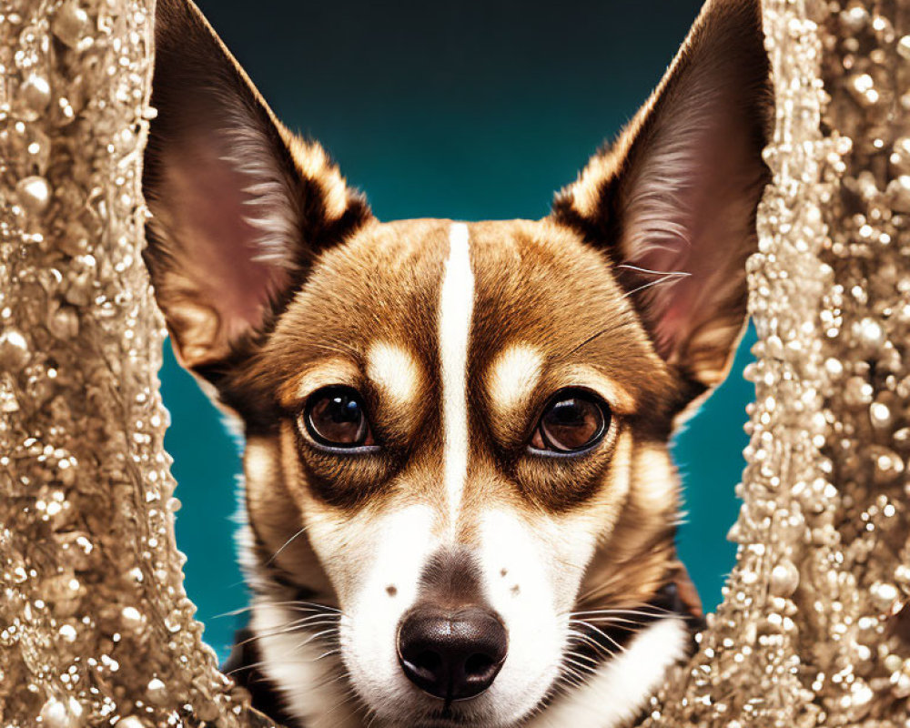 Close-Up Corgi Face with Bejeweled Collar on Teal Background