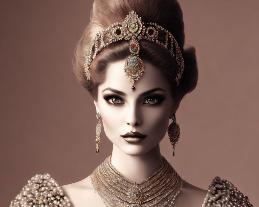 Vintage Hairstyle Woman with Ornate Jewelry on Taupe Background