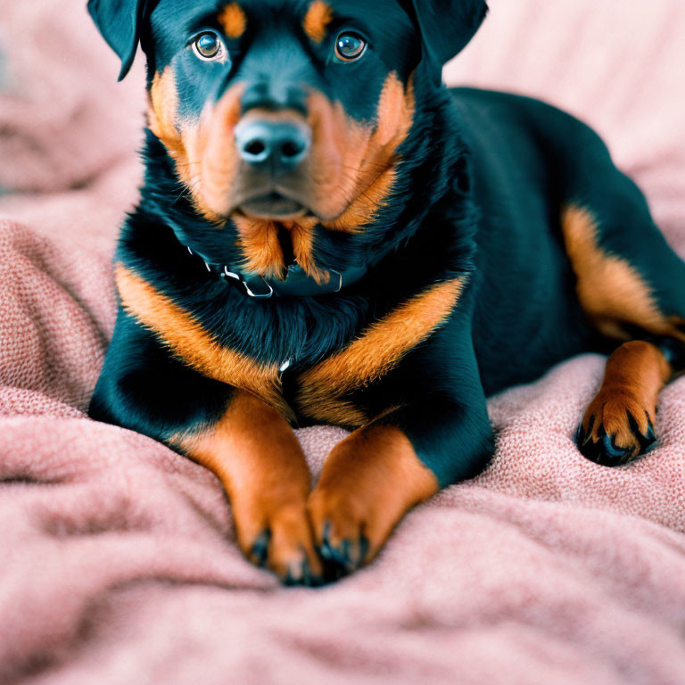 Black and Tan Rottweiler Puppy on Pink Blanket with Collar