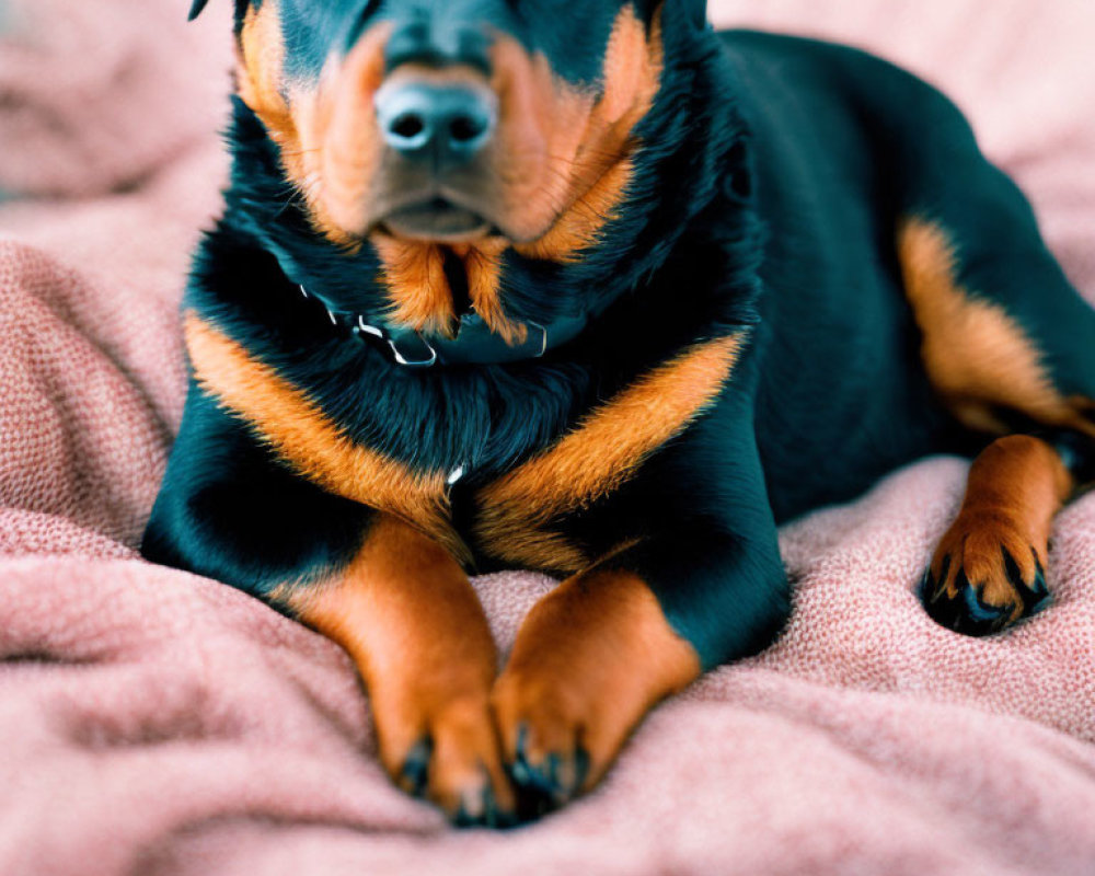 Black and Tan Rottweiler Puppy on Pink Blanket with Collar
