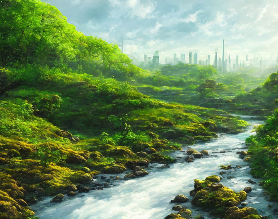 Lush green forest and river with futuristic city skyline in mist