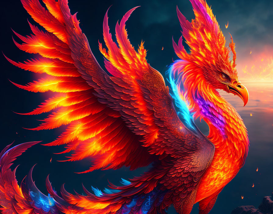 Vibrant digital art: majestic phoenix with fiery plumage soaring in blue sky