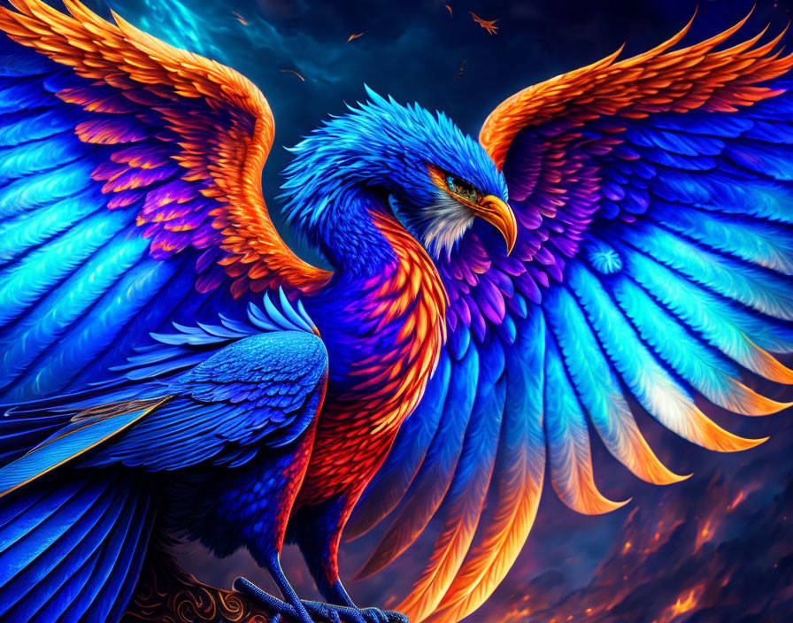 Colorful Phoenix Artwork with Fiery Orange Tips on Blue Feathers