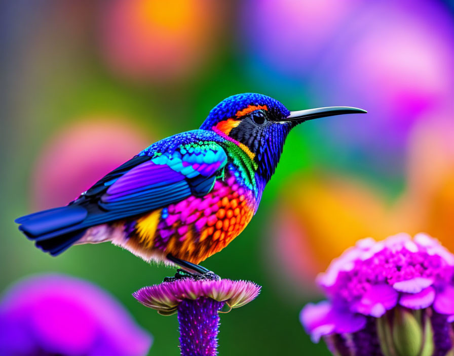 Colorful Bird with Iridescent Feathers on Purple Flower