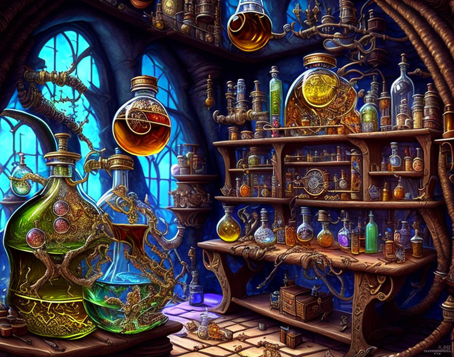 Fantasy alchemist's laboratory with potion bottles and mysterious equipment