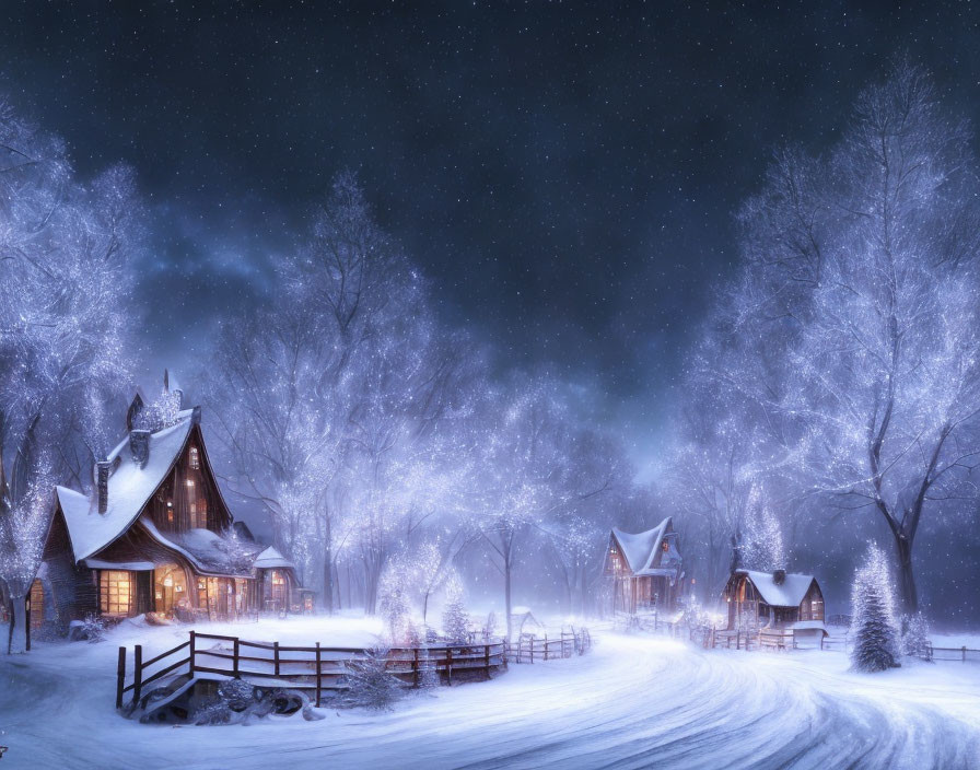 Snowy Night Scene: Cozy Cottages, Frost-Covered Trees, Starry Sky