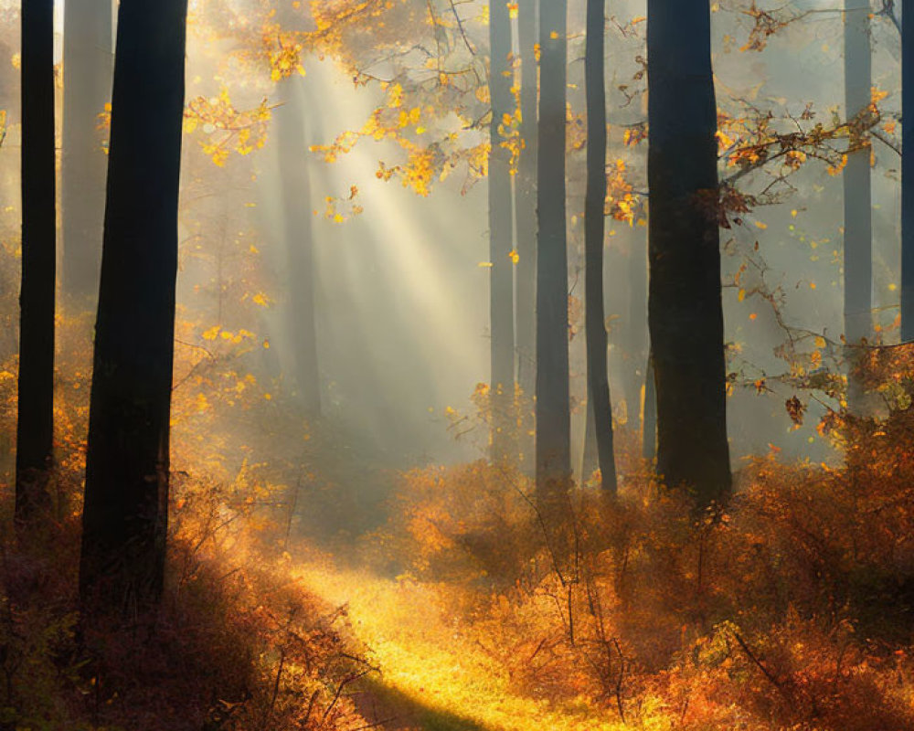 Misty forest scene with sunbeams and golden leaves