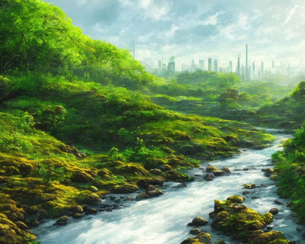 Lush green forest and river with futuristic city skyline in mist