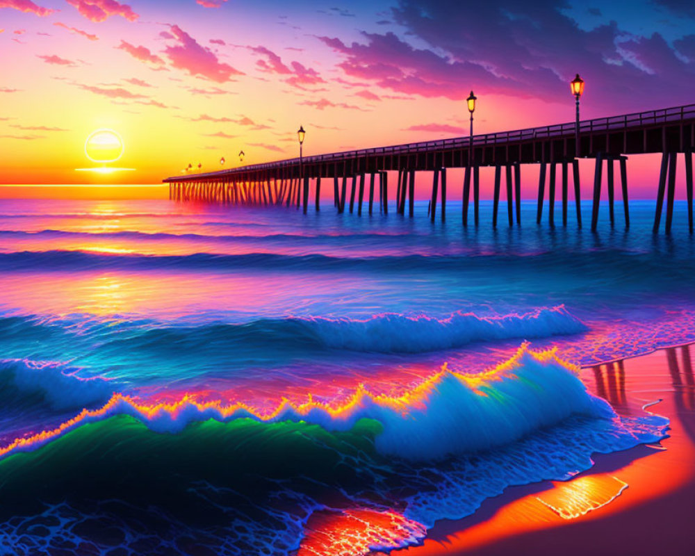 Ocean sunset with purple and orange hues, waves crashing at pier under clear sky