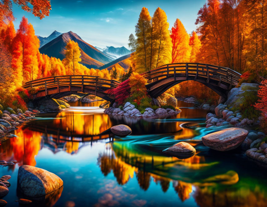 Tranquil Autumn Landscape with Wooden Bridge and River