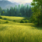 Tranquil landscape with rolling green hills and misty forest