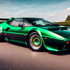 Vintage sports car in bright green with angular design speeding on roadway with motion blur.