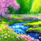 Blossoming garden with stream, white bridge, and walkers