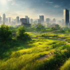 Vibrant green landscape with winding path to futuristic city