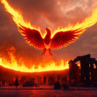 Majestic phoenix with fiery wings in ancient ruins at dusk