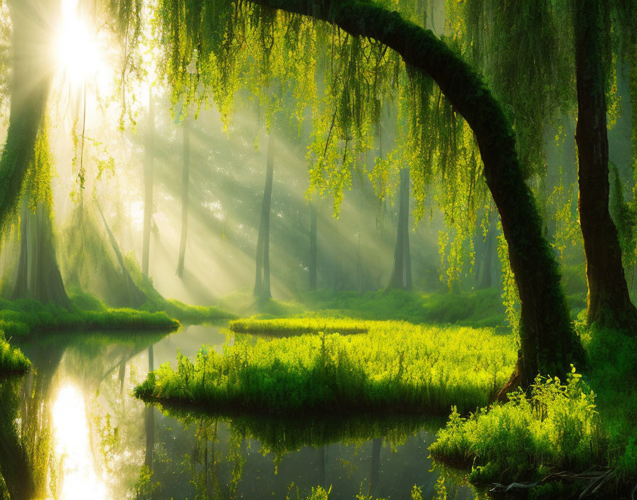 Misty forest scene with sunlight, mossy ground, stream, and curved tree