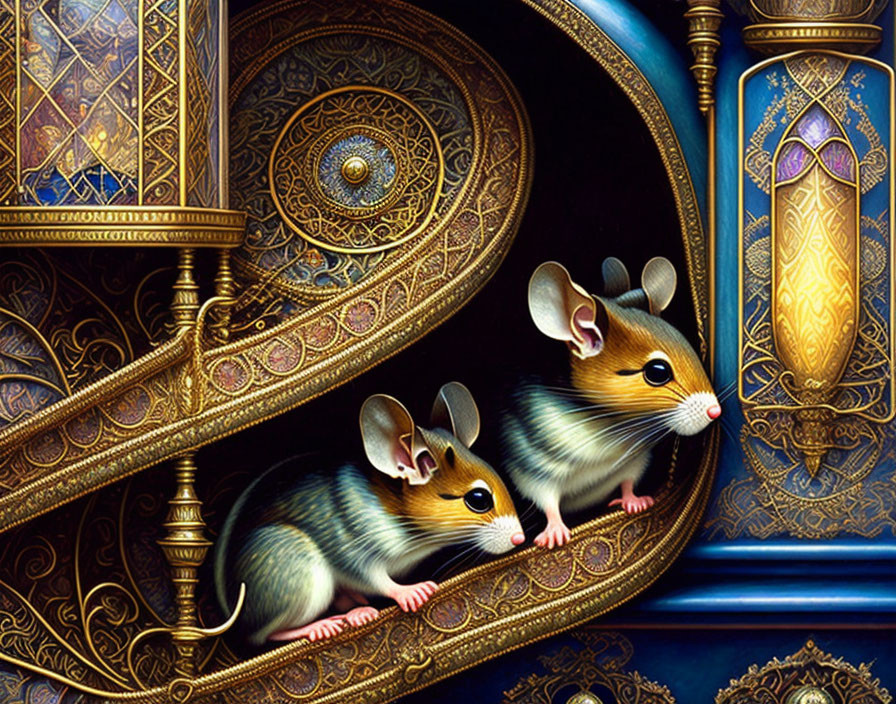 Intricate mice with golden patterns in dark hues