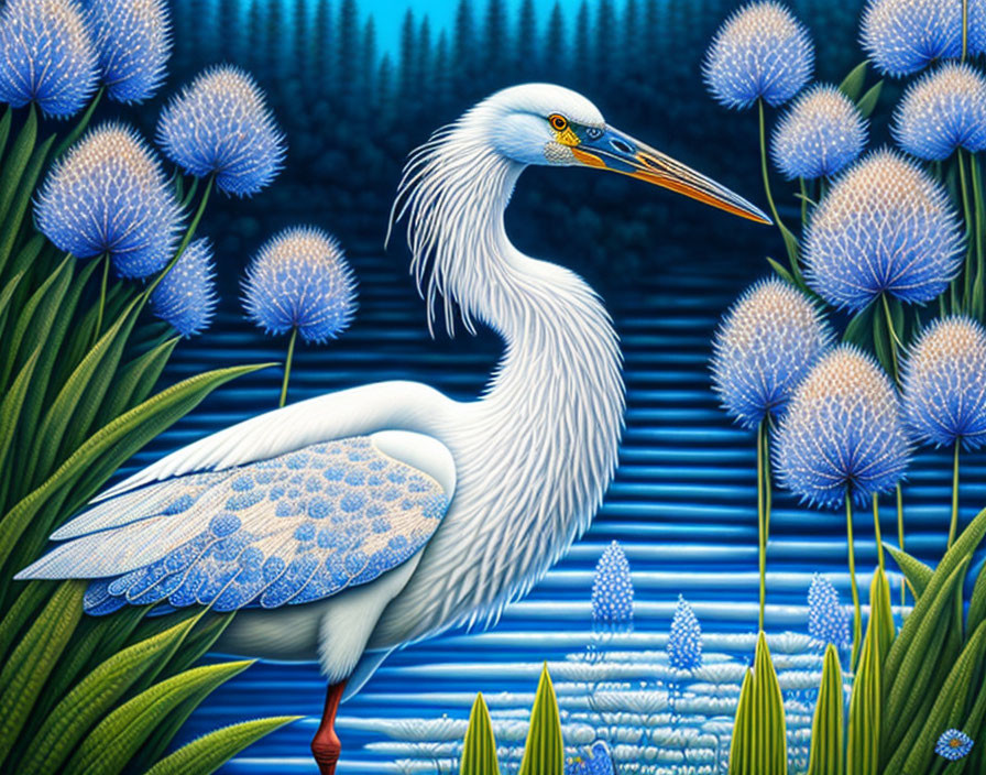 white heron painted with blue patterns standing on