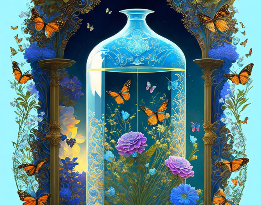 Colorful digital artwork: Glass bottle, butterflies, flowers on blue background