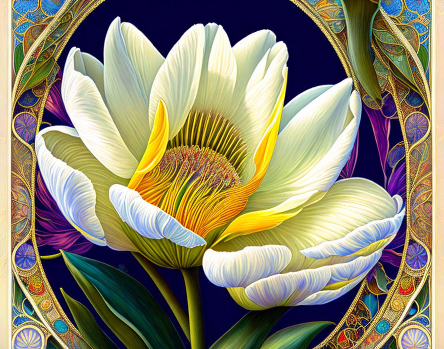 Detailed White Lotus Flower Digital Illustration with Gold Filigree on Dark Blue Background