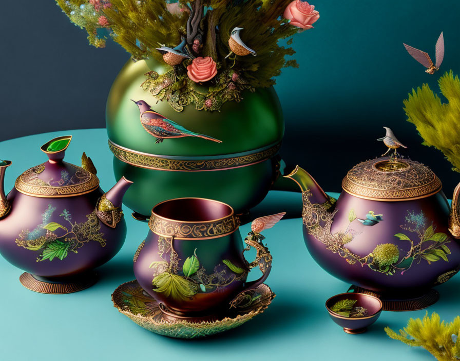 Ornate Bird and Floral Design Tea Set in Green and Purple