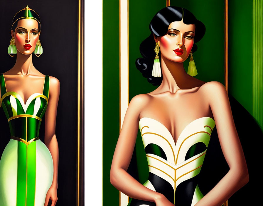 Stylized female figures in bold geometric designs and rich colors