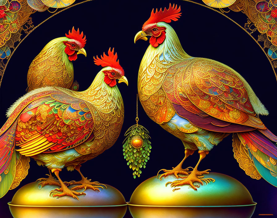 Three Ornately Patterned Roosters on Golden Orbs Against Intricate Dark Background