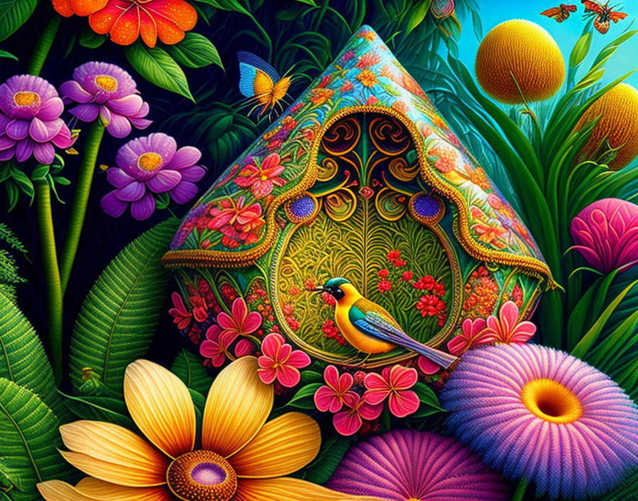 Colorful Bird Perched on Decorated Birdhouse Surrounded by Vibrant Flowers