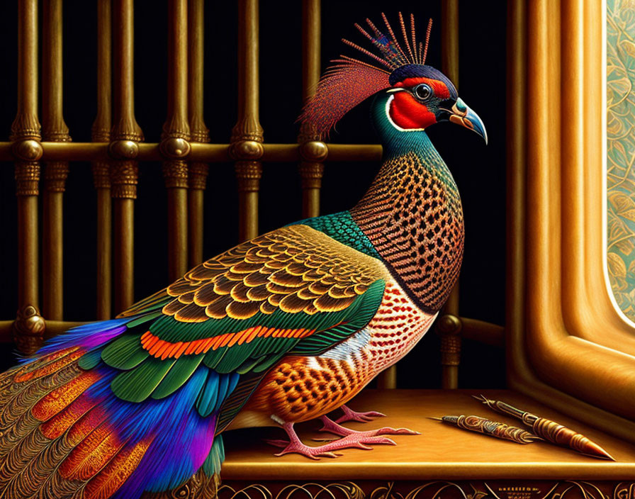 Colorful peacock illustration with intricate plumage, pillars, and draped curtain.