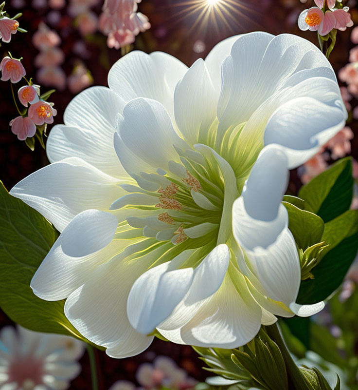 Close-up of vibrant white flower with delicate petals against pink blossoms and greenery in warm sunlight