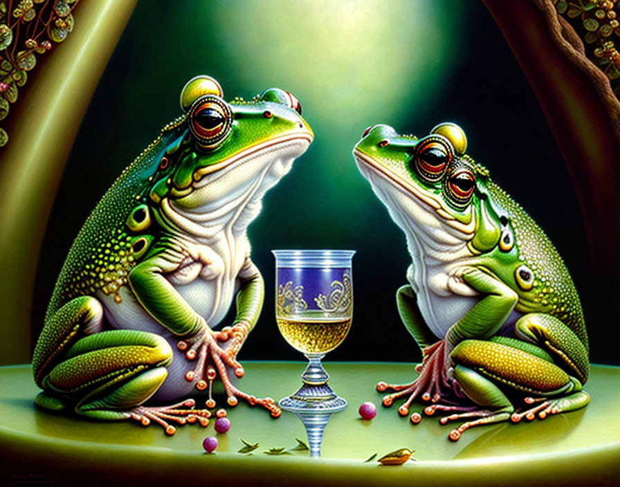 Stylized frogs with glass goblet and pearls on dark green background