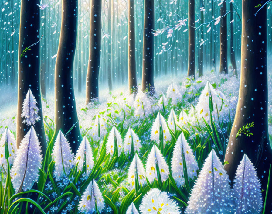 Sunlit Forest Scene with White Flowers and Lush Greenery