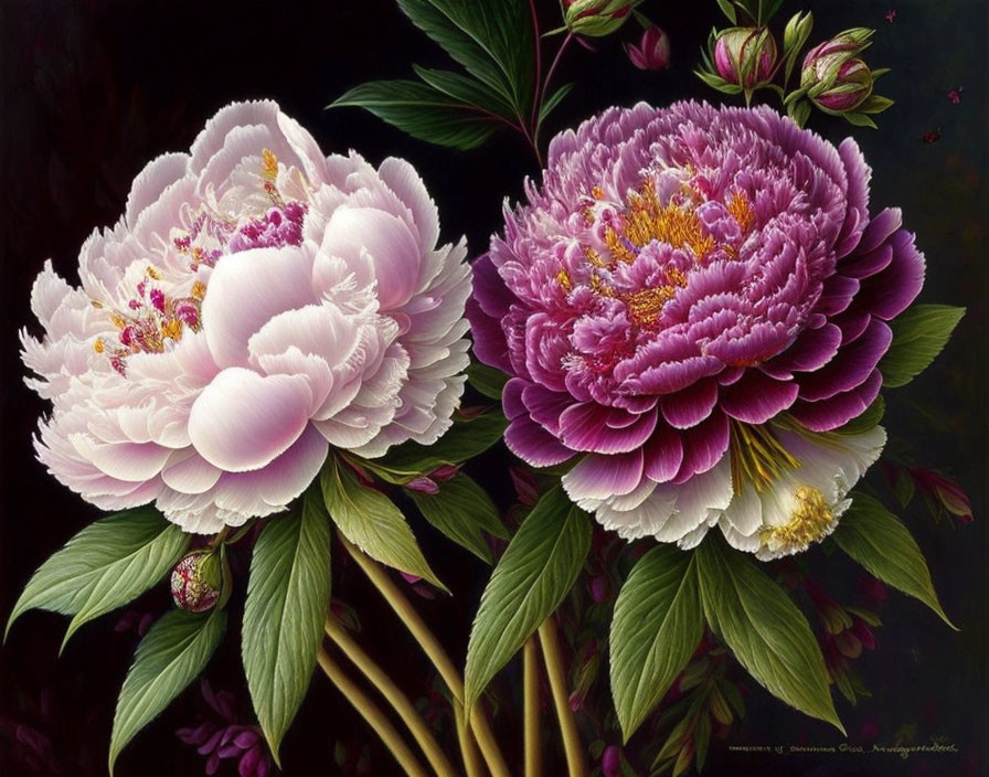 Realistic Illustration of Pink and Purple Peonies on Dark Background