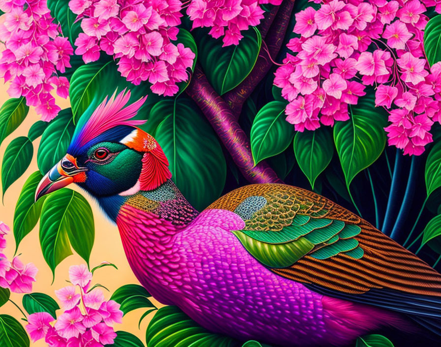 Colorful Peacock Illustration with Pink Flowers and Green Foliage