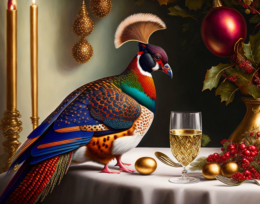 Vibrant pheasant centerpiece on festive table with wine glass